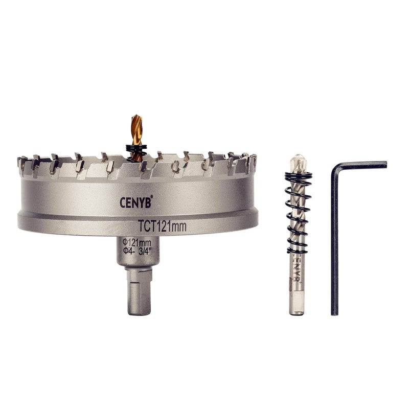 cenyb 4-3/4" (121mm) Tungsten Carbide Tipped Hole Saw with 2Pcs Titanium-Plated Pilot Drill Bits for Hard Metal,Stainless Steel,Iron,Aluminum Alloy,Wood and Plastic - Image 1